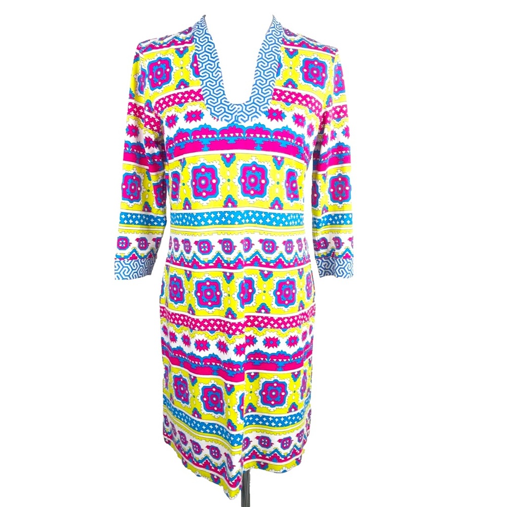 J. McLaughlin Gisel Dress Medium Blue Yellow Geometric Catalina Cloth, size XS